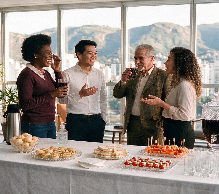 Equipe conversando em volta de uma mesa de coffee break