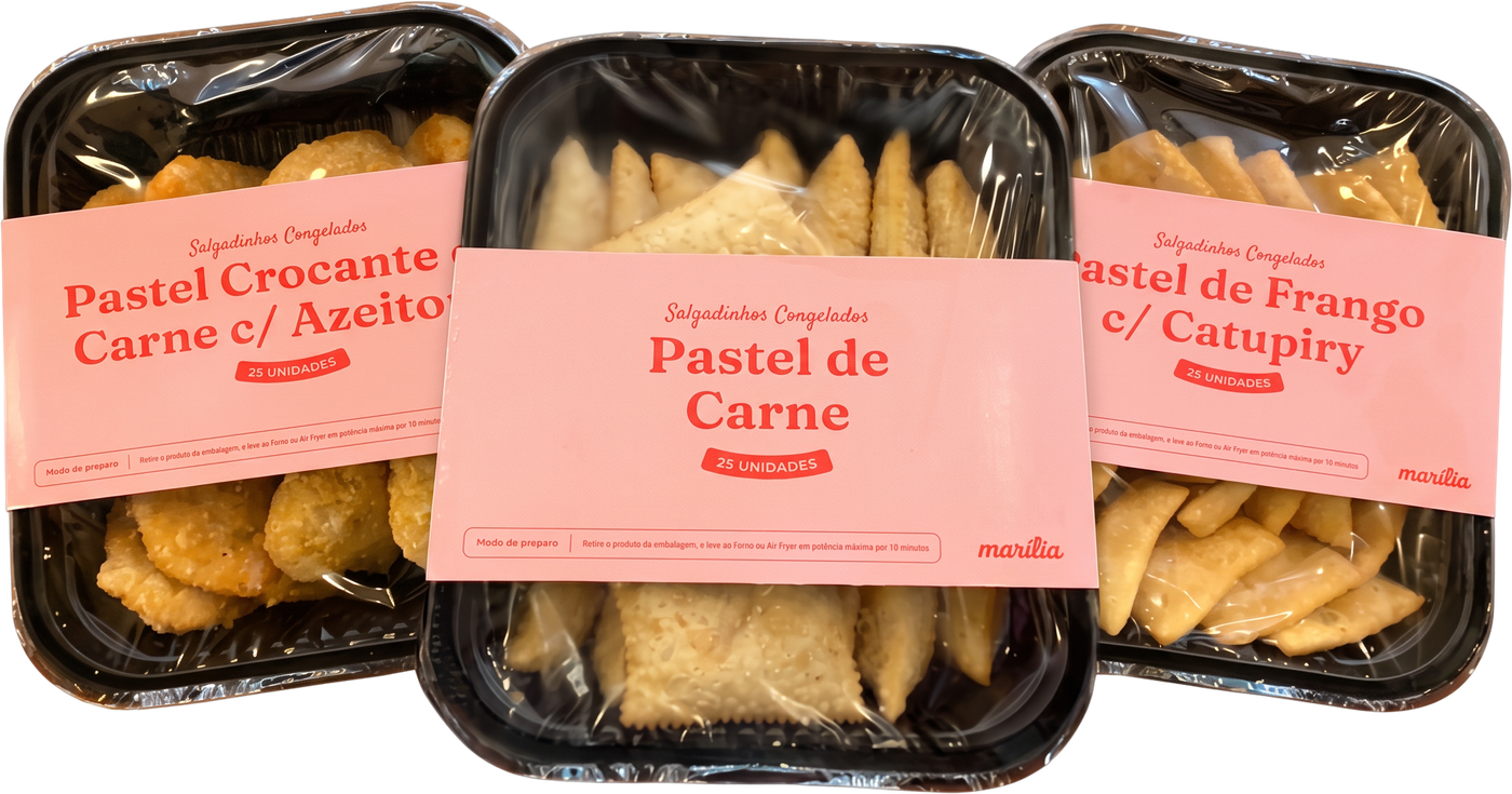 Bandejas de pastel congelado da Marília: Pastel Crocante de Carne c/ Azeitona, Pastel de Carne e Pastel de Frango c/ Catupiry