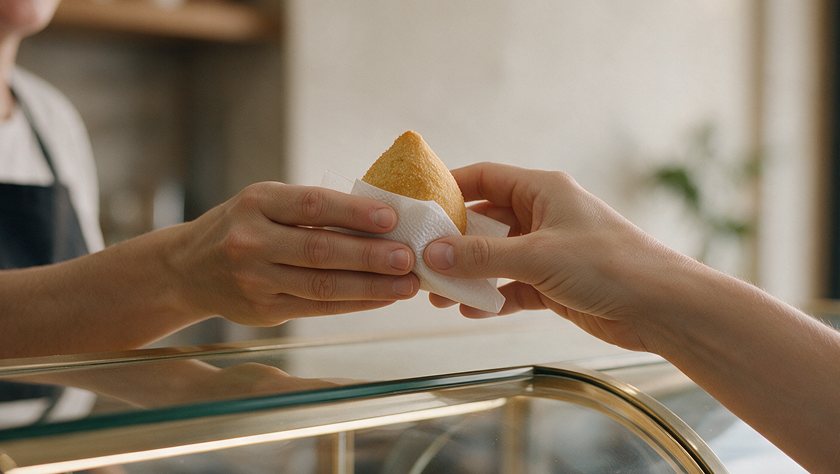 Coxinha sendo entregue no balcão